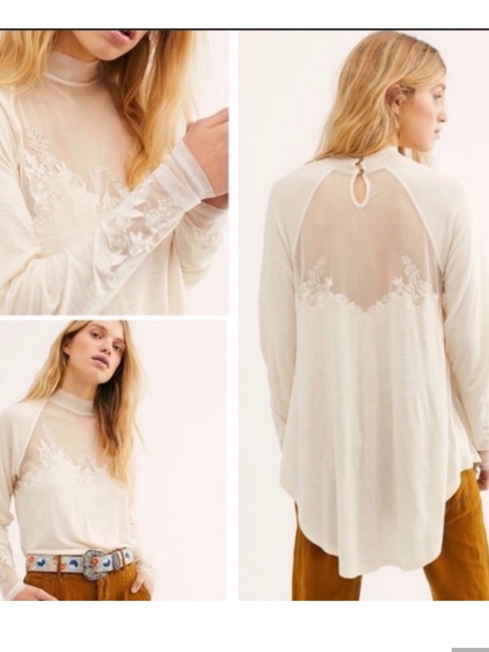 Free People Saheli Cream Top Mesh Embroidered Tunic Oversized XS